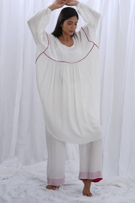 Khat_White Round Neck Gathered Kaftan And Pant Set _at_Aza_Fashions