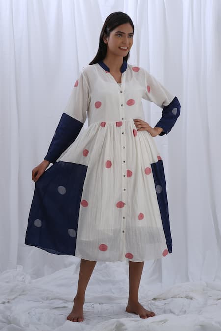 KHAT White Handloom Cotton Woven Polka Dot Mandarin Color Block Gathered Tunic 