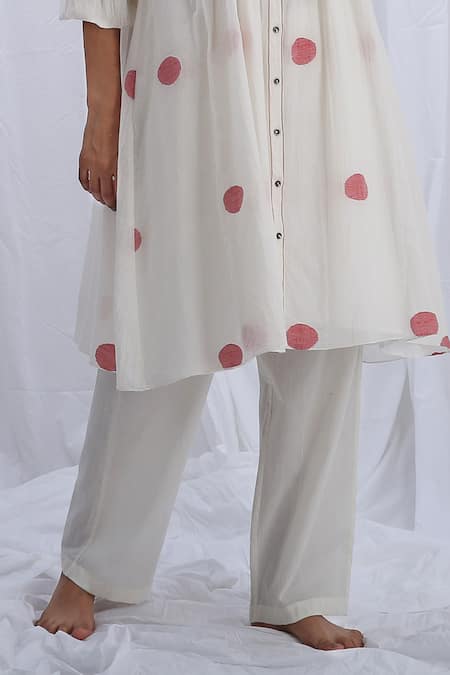 Khat_White , Handloom Gathered Yoke Polka Dot Pattern Tunic With Pant _Online_at_Aza_Fashions