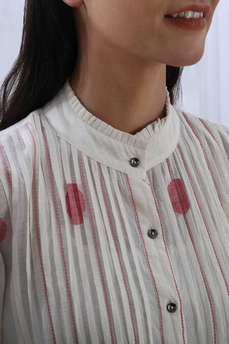 Shop_Khat_White , Handloom Gathered Yoke Polka Dot Pattern Tunic With Pant _Online_at_Aza_Fashions
