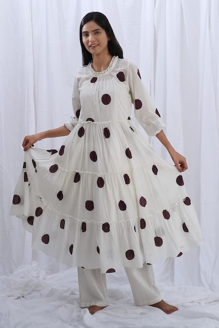 Buy White Handloom Cotton Woven Polka Dot Frilled Neck Pattern Kurta With Pant For Women by KHAT Online at Aza Fashions