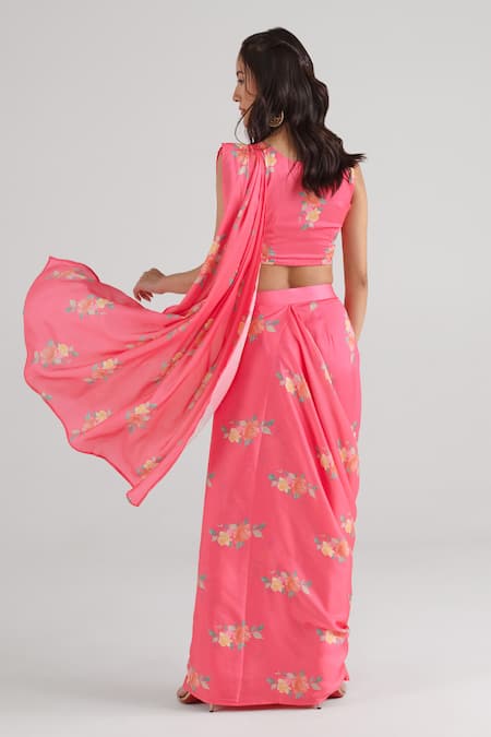 Pasha India Floral Pattern Pre-Draped Saree With Blouse 