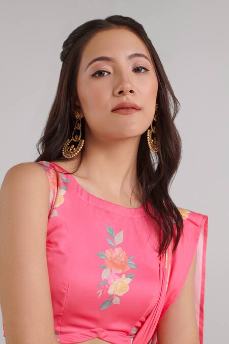 Buy_Pasha India_Pink Silk, Satin Round Neck Floral Pattern Pre-draped Saree With Blouse _Online_at_Aza_Fashions