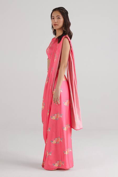 Shop_Pasha India_Pink Silk, Satin Round Neck Floral Pattern Pre-draped Saree With Blouse _Online_at_Aza_Fashions