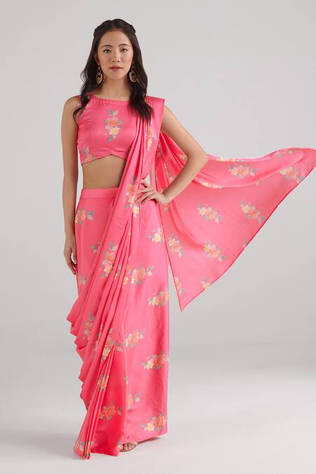 Pasha India_Pink Silk, Satin Round Neck Floral Pattern Pre-draped Saree With Blouse _at_Aza_Fashions