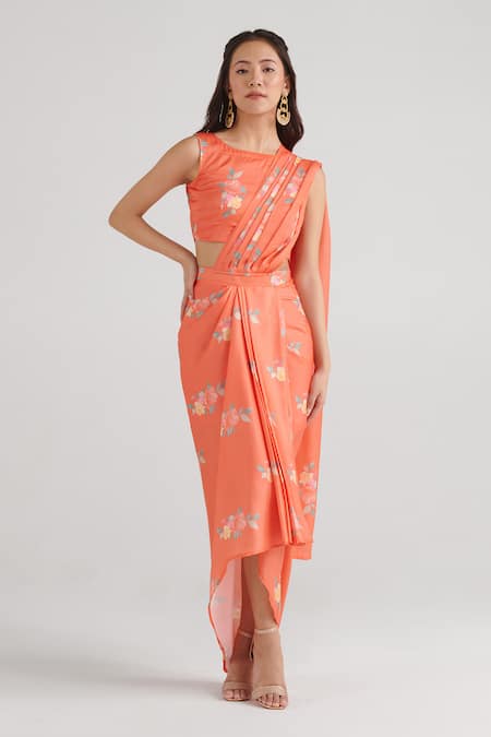 Pasha India Orange Swiss Satin Floral Round Pattern Slit Pre-draped Saree With Blouse 