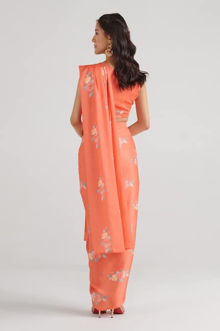 Pasha India Floral Pattern Slit Pre-Draped Saree With Blouse 