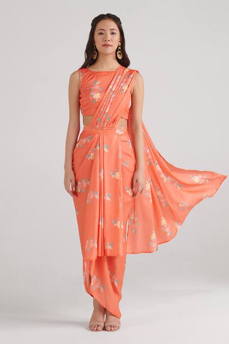 Pasha India_Orange Satin, Silk Embroidery Floral Pattern Slit Pre-draped Saree With Blouse _Online_at_Aza_Fashions