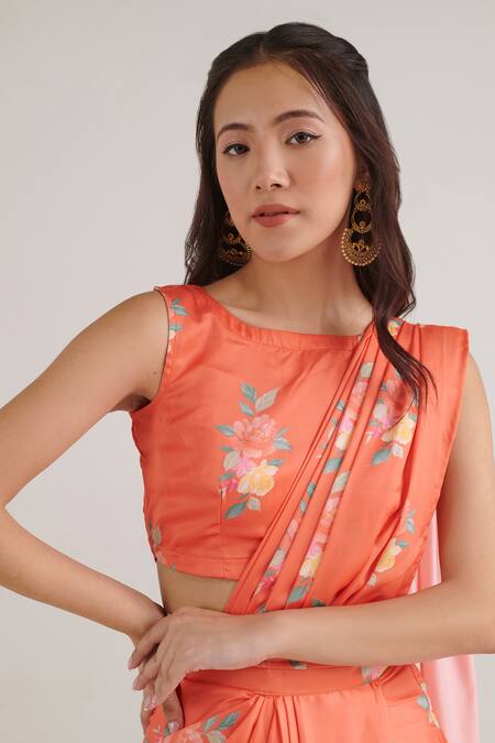 Buy_Pasha India_Orange Satin, Silk Embroidery Floral Pattern Slit Pre-draped Saree With Blouse _Online_at_Aza_Fashions