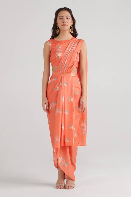 Shop_Pasha India_Orange Satin, Silk Embroidery Floral Pattern Slit Pre-draped Saree With Blouse _Online_at_Aza_Fashions