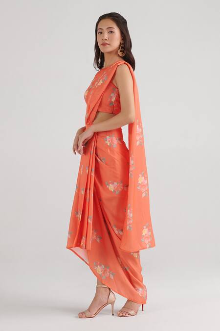 Pasha India_Orange Satin, Silk Embroidery Floral Pattern Slit Pre-draped Saree With Blouse _at_Aza_Fashions