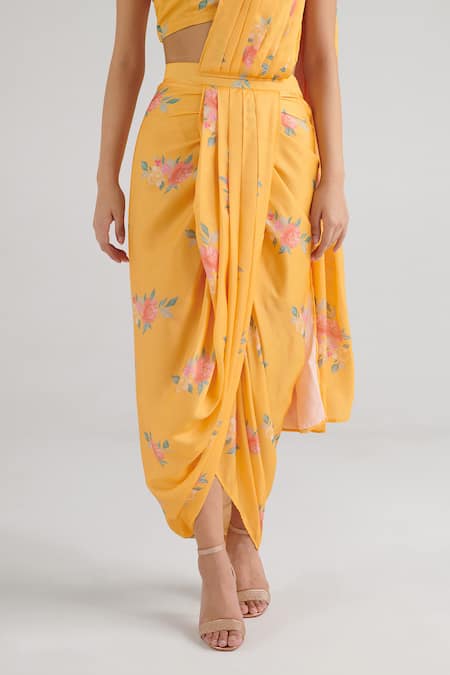 Shop_Pasha India_Yellow Satin, Silk Round Neck Floral Pattern Pre-draped Lungi Saree With Blouse _Online_at_Aza_Fashions