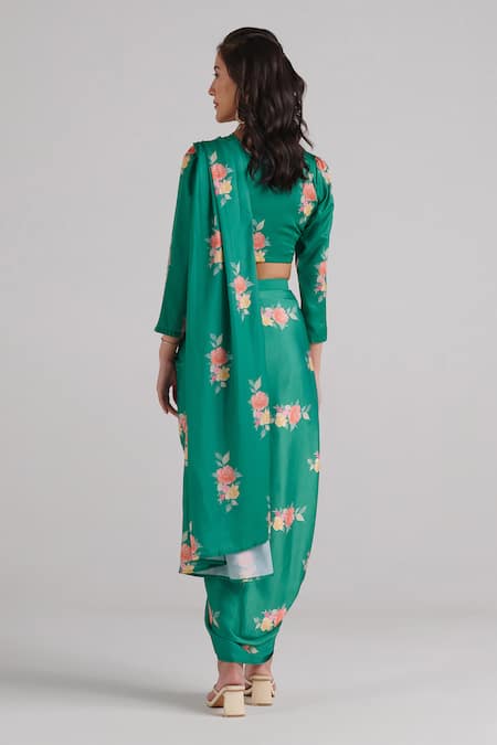 Shop_Pasha India_Green Satin, Silk Embroidery Jade Floral Pattern Lungi Pre-draped Saree Set _at_Aza_Fashions