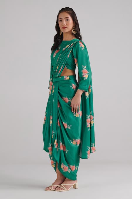Shop_Pasha India_Green Satin, Silk Embroidery Jade Floral Pattern Lungi Pre-draped Saree Set _Online_at_Aza_Fashions