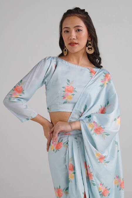 Shop_Pasha India_Blue Silk Round Neck Floral Pattern Lungi Pre-draped Saree Set _Online_at_Aza_Fashions