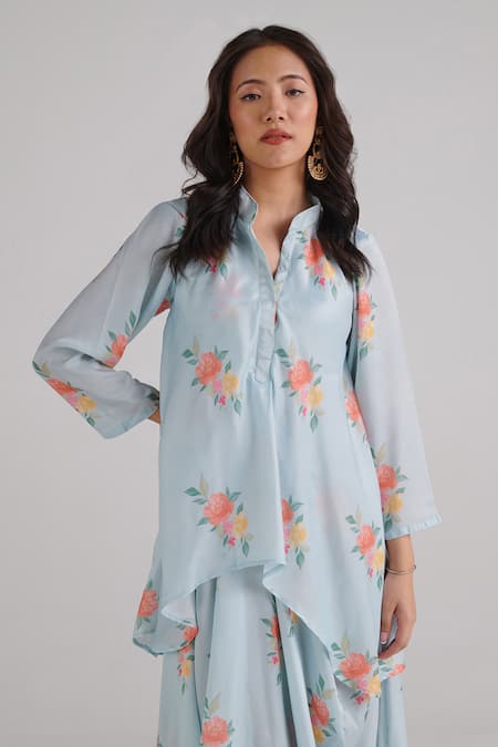 Pasha India_Blue Satin Embroidery Bandeau Neck Floral Pattern Kurta Dress_Online_at_Aza_Fashions