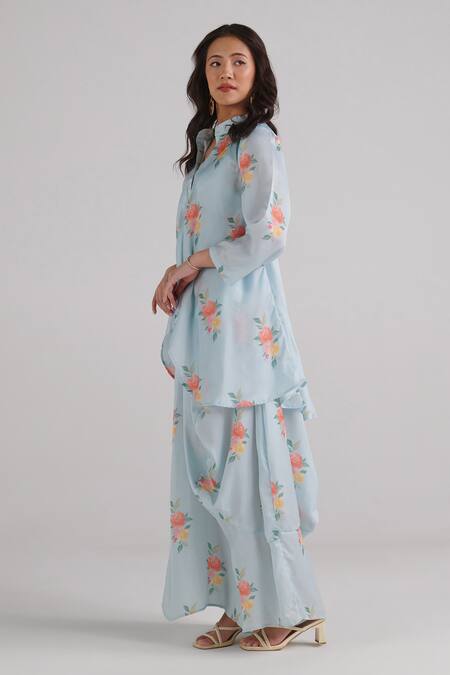 Buy_Pasha India_Blue Satin Embroidery Bandeau Neck Floral Pattern Kurta Dress_Online_at_Aza_Fashions