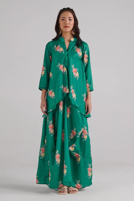 Pasha India Green Swiss Satin Floral Band Collar Pattern Draped Kurta Dress 