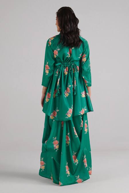 Shop_Pasha India_Green Satin Embroidery Bandeau Neck Floral Pattern Draped Kurta Dress_at_Aza_Fashions