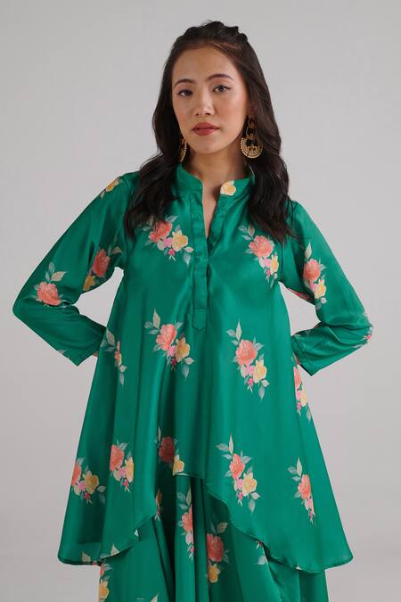 Pasha India_Green Satin Embroidery Bandeau Neck Floral Pattern Draped Kurta Dress_Online_at_Aza_Fashions