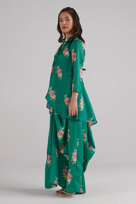 Buy_Pasha India_Green Satin Embroidery Bandeau Neck Floral Pattern Draped Kurta Dress_Online_at_Aza_Fashions