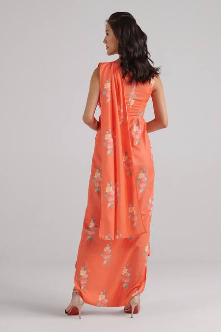 Shop_Pasha India_Orange Rayon Embroidery Round Neck Floral Pattern Draped Jumpsuit_at_Aza_Fashions