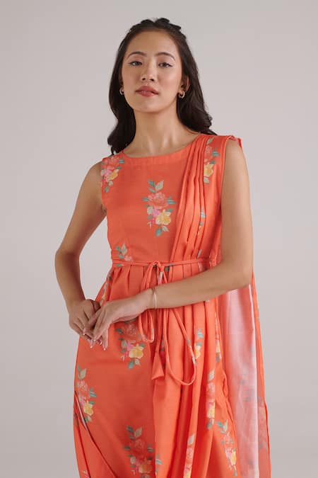 Pasha India_Orange Rayon Embroidery Round Neck Floral Pattern Draped Jumpsuit_Online_at_Aza_Fashions