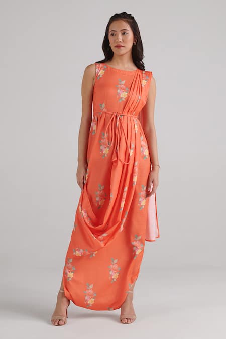 Buy_Pasha India_Orange Rayon Embroidery Round Neck Floral Pattern Draped Jumpsuit_Online_at_Aza_Fashions