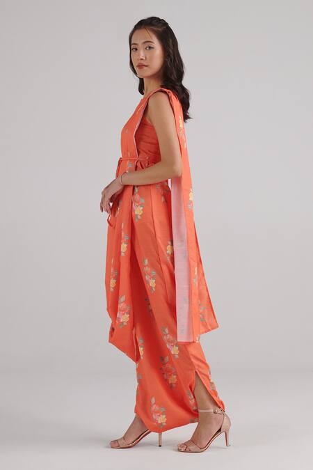Shop_Pasha India_Orange Rayon Embroidery Round Neck Floral Pattern Draped Jumpsuit_Online_at_Aza_Fashions
