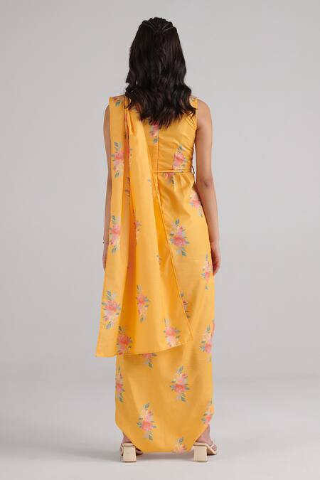 Shop_Pasha India_Yellow Rayon Round Neck Amber Floral Pattern Draped Jumpsuit_at_Aza_Fashions