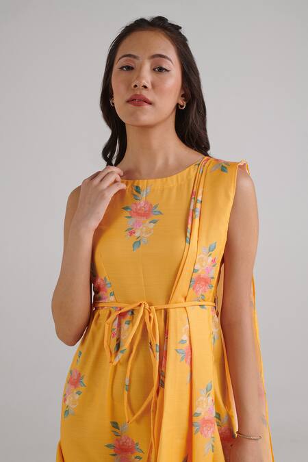 Pasha India_Yellow Rayon Round Neck Amber Floral Pattern Draped Jumpsuit_Online_at_Aza_Fashions