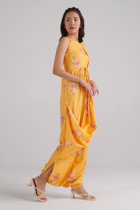Buy_Pasha India_Yellow Rayon Round Neck Amber Floral Pattern Draped Jumpsuit_Online_at_Aza_Fashions