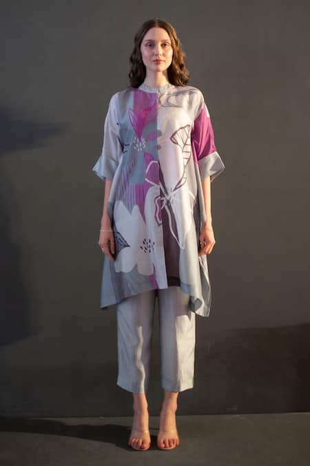 Clos Grey Dupion Silk Print Abstract Band Collar Asymmetric Kurta With Pant 