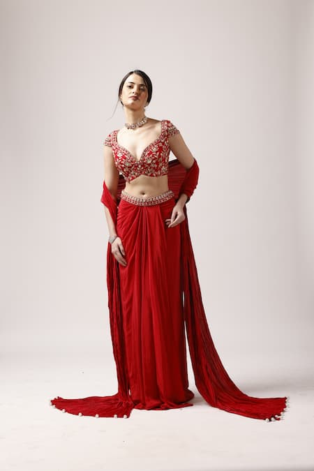 Anshika Tak Label_Red Tussar, Crepe Embroidery, Beads Enchanting Blouse Draped Skirt Set _Online_at_Aza_Fashions