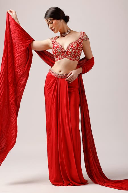 Buy_Anshika Tak Label_Red Tussar, Crepe Embroidery, Beads Enchanting Blouse Draped Skirt Set _Online_at_Aza_Fashions