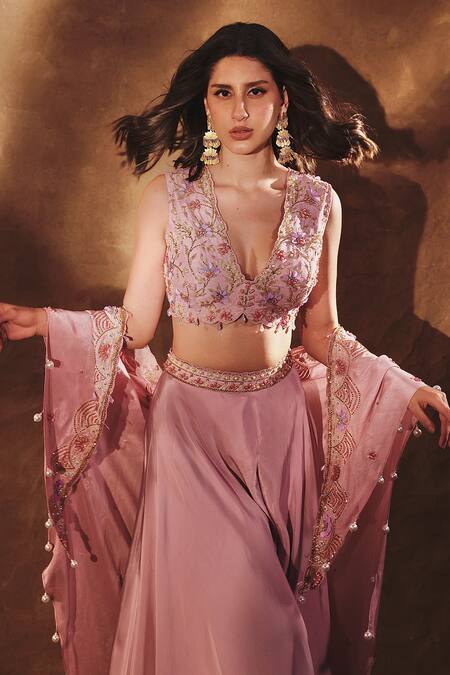 Buy_Anshika Tak Label_Pink Crepe Embroidery Ethereal Elegance Cape Sharara Set _Online_at_Aza_Fashions