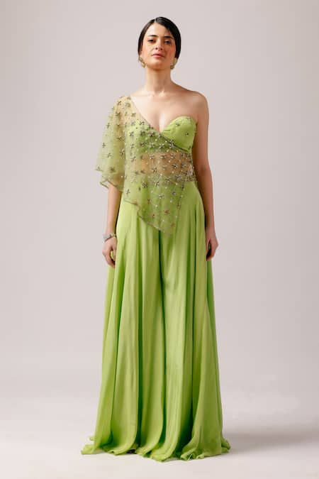 Anshika Tak Label_Green Crepe Beads, Pearls One Summer Breeze Embroidered Cape Sharara Set _Online_at_Aza_Fashions