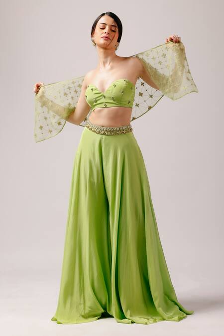 Buy_Anshika Tak Label_Green Crepe Beads, Pearls One Summer Breeze Embroidered Cape Sharara Set _Online_at_Aza_Fashions