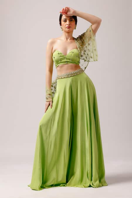 Shop_Anshika Tak Label_Green Crepe Beads, Pearls One Summer Breeze Embroidered Cape Sharara Set _Online_at_Aza_Fashions