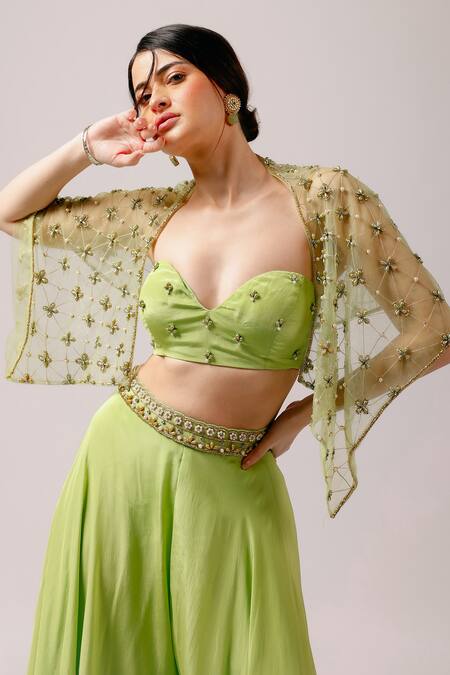 Anshika Tak Label_Green Crepe Beads, Pearls One Summer Breeze Embroidered Cape Sharara Set _at_Aza_Fashions