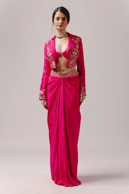 Anshika Tak Label_Fuchsia Tussar, Crepe Beads Dream Floral Embroidered Jacket Draped Skirt Set _Online_at_Aza_Fashions