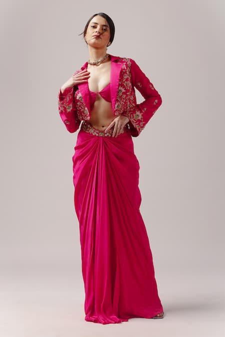 Buy_Anshika Tak Label_Fuchsia Tussar, Crepe Beads Dream Floral Embroidered Jacket Draped Skirt Set _Online_at_Aza_Fashions