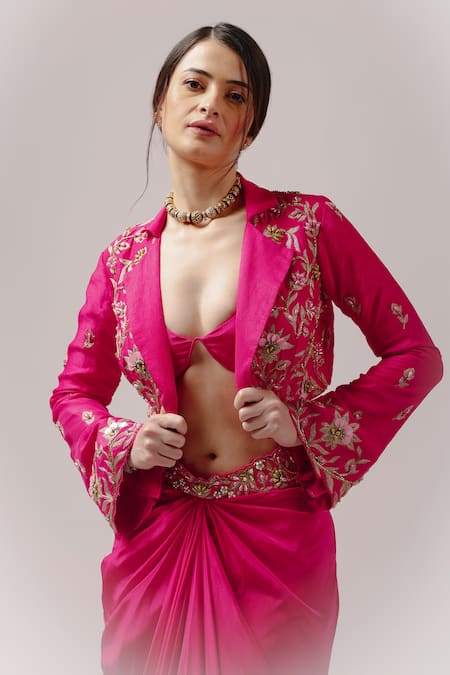Shop_Anshika Tak Label_Fuchsia Tussar, Crepe Beads Dream Floral Embroidered Jacket Draped Skirt Set _Online_at_Aza_Fashions