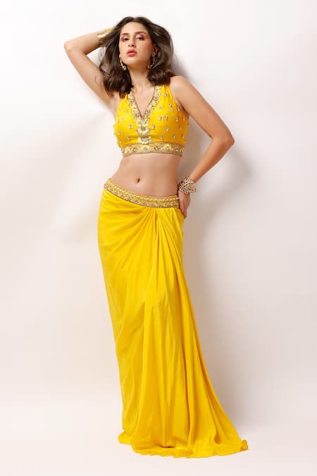 Anshika Tak Label Yellow Skirt Crepe Embroidered Bead V Neck Sunshine Chic Blouse Draped Set 