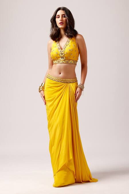 Anshika Tak Label_Yellow Tussar, Crepe Beads, Sequins, Sunshine Chic Blouse Draped Skirt Set _Online_at_Aza_Fashions