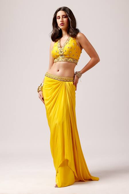 Buy_Anshika Tak Label_Yellow Tussar, Crepe Beads, Sequins, Sunshine Chic Blouse Draped Skirt Set _Online_at_Aza_Fashions