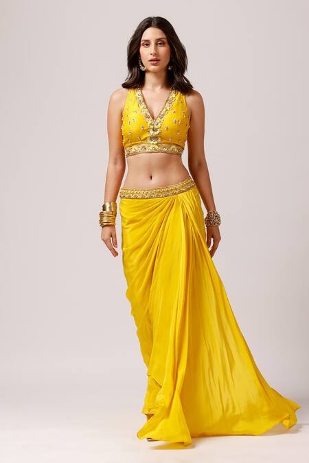 Shop_Anshika Tak Label_Yellow Tussar, Crepe Beads, Sequins, Sunshine Chic Blouse Draped Skirt Set _Online_at_Aza_Fashions