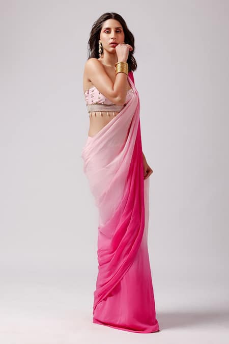 Anshika Tak Label_Pink Tussar, Crepe Beads Rosy Radiance Pre-draped Saree With Embroidered Blouse _Online_at_Aza_Fashions