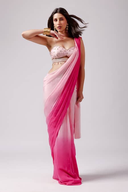 Shop_Anshika Tak Label_Pink Tussar, Crepe Beads Rosy Radiance Pre-draped Saree With Embroidered Blouse _Online_at_Aza_Fashions