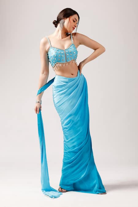 Anshika Tak Label_Blue Tussar, Crepe Beads, Cerulian Skyline Ombre Pre-draped Saree With Blouse _Online_at_Aza_Fashions